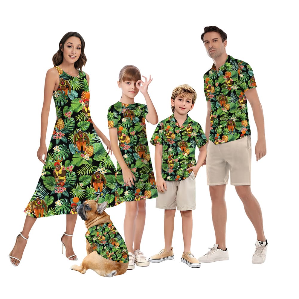 Funny Clown Bigfoot Tropical Matching Hawaiian Outfits For Family
