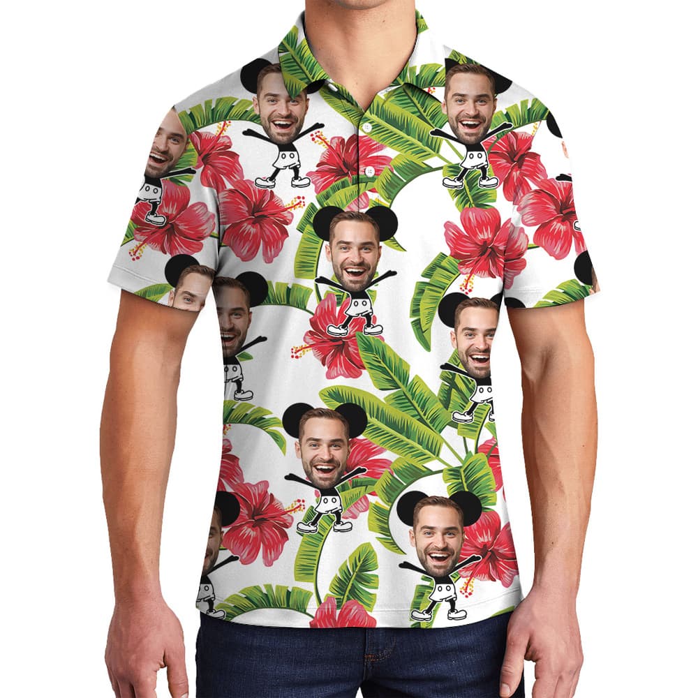 Funny Custom Face Steamboat Willie Mickey Floral Hawaiian Polo Shirt