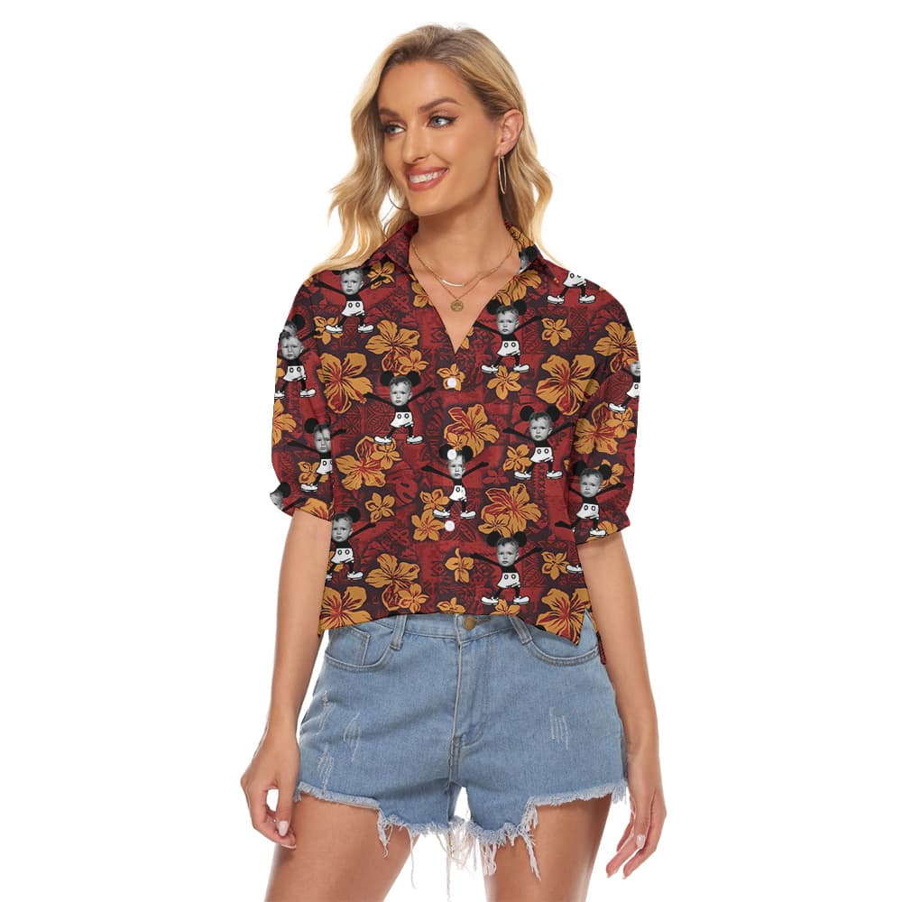 Funny Custom Face Vintage Floral Mickey Steamboat Willie Hawaiian Crop Top Shirt
