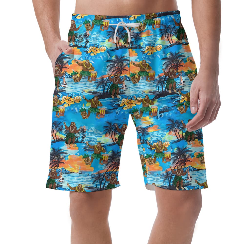 Funny Hula Bigfoot Tropical Islands Hawaiian Beach Shorts For Men