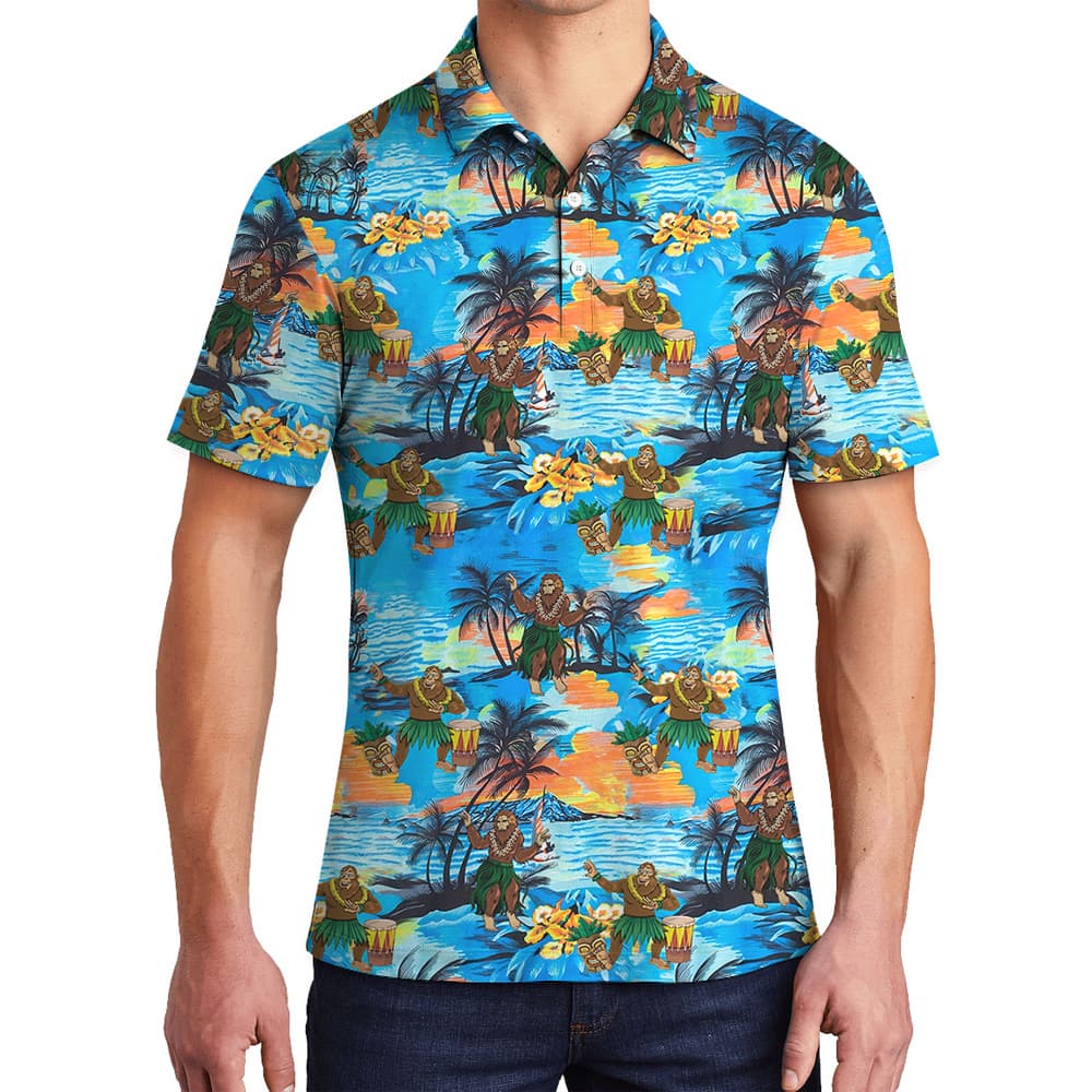 Funny Hula Sasquatch Tropical Islands Blue Hawaiian Polo Shirt For Men