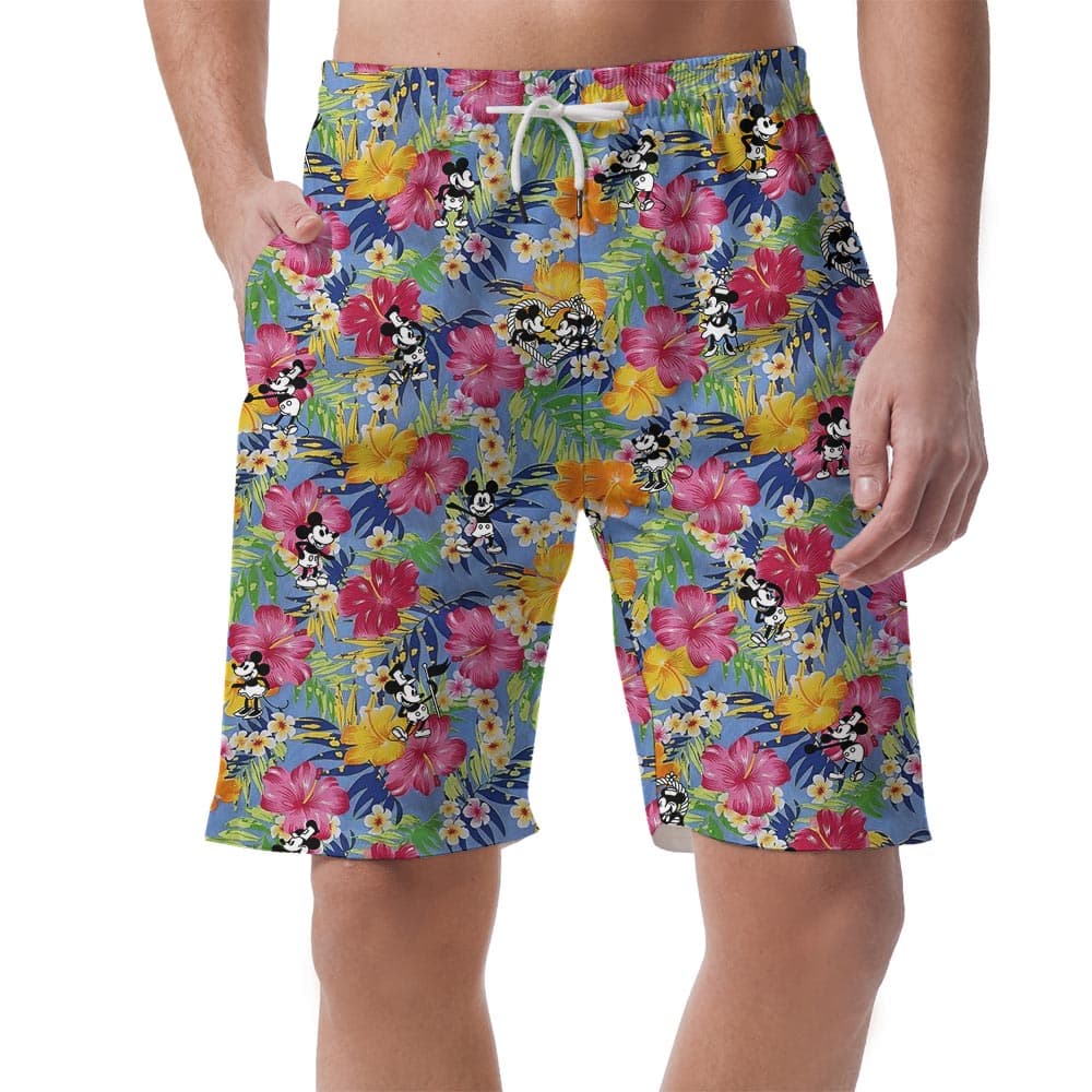 Funny Mickey Flowers Hawaiian Shorts For Men Steamboat Willie