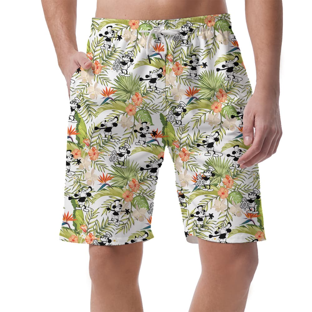 Funny Mickey Mouse Steamboat Willie Tropical Hawaiian Summer Shorts For Men