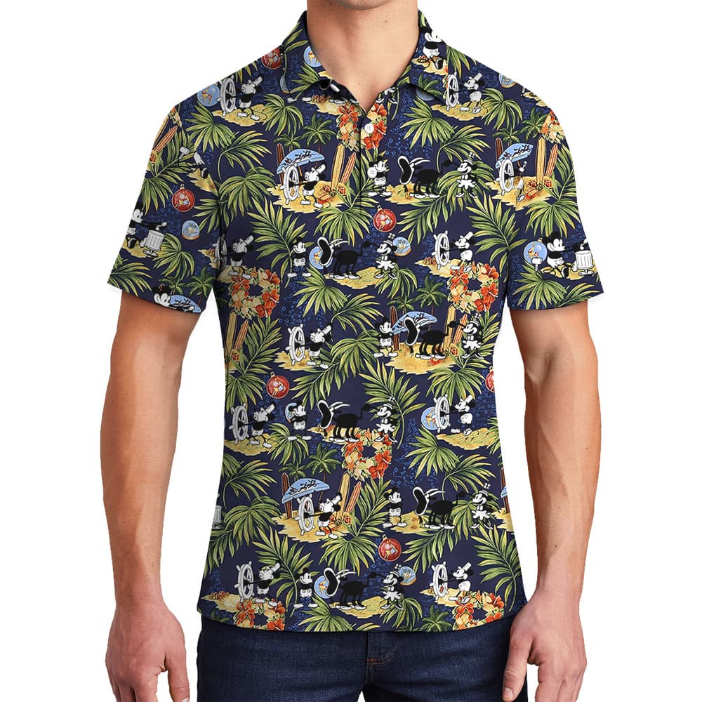 Funny Mickey On The Beach Tropical Navy Hawaiian Polo Shirt