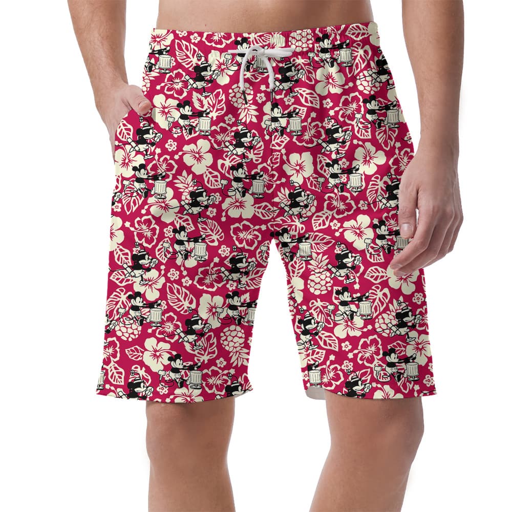 Funny Mickey Steamboat Willie Floral Vintage Hawaiian Beach Shorts For Men