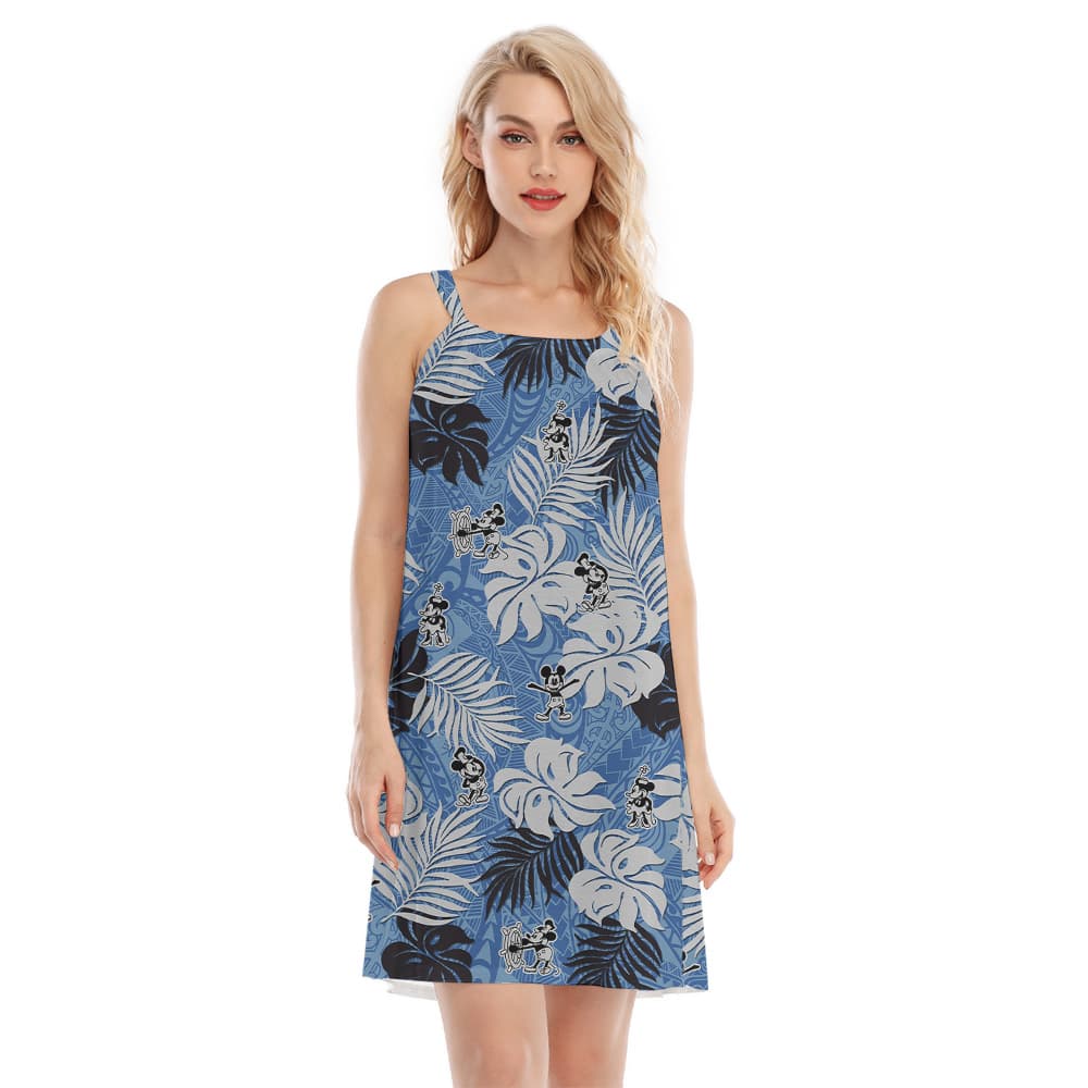 Funny Mickey Steamboat Willie Tropical Leaves Vintage Blue Aloha Cami Dress