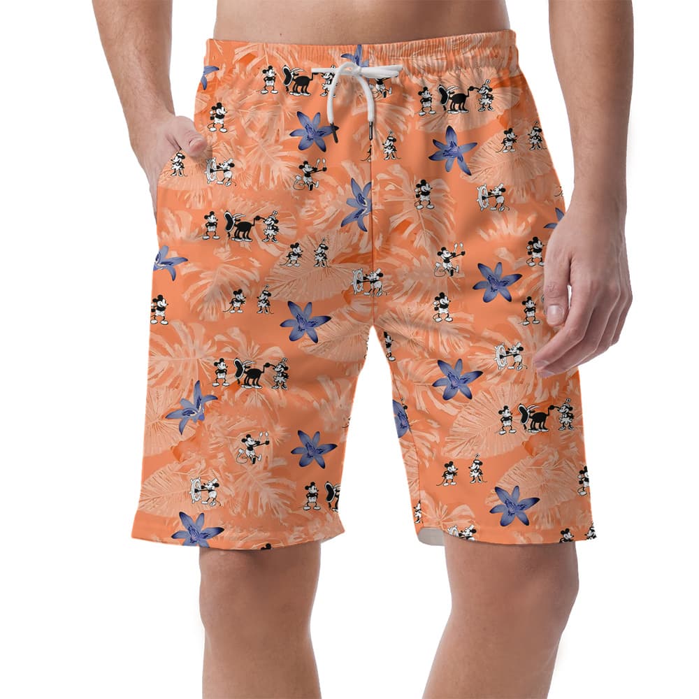 Funny Mickey Steamboat Willie Tropical Orange Hawaiian Beach Shorts For Men