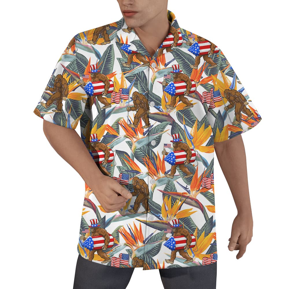 Funny Patriotic Bigfoot American Flag Floral Hawaiian Shirt (4)