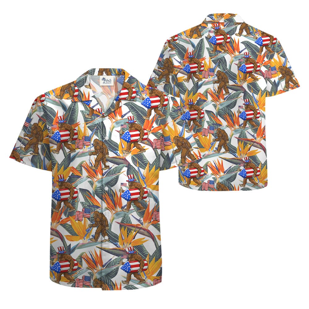 Funny Patriotic Bigfoot American Flag Floral Hawaiian Shirt