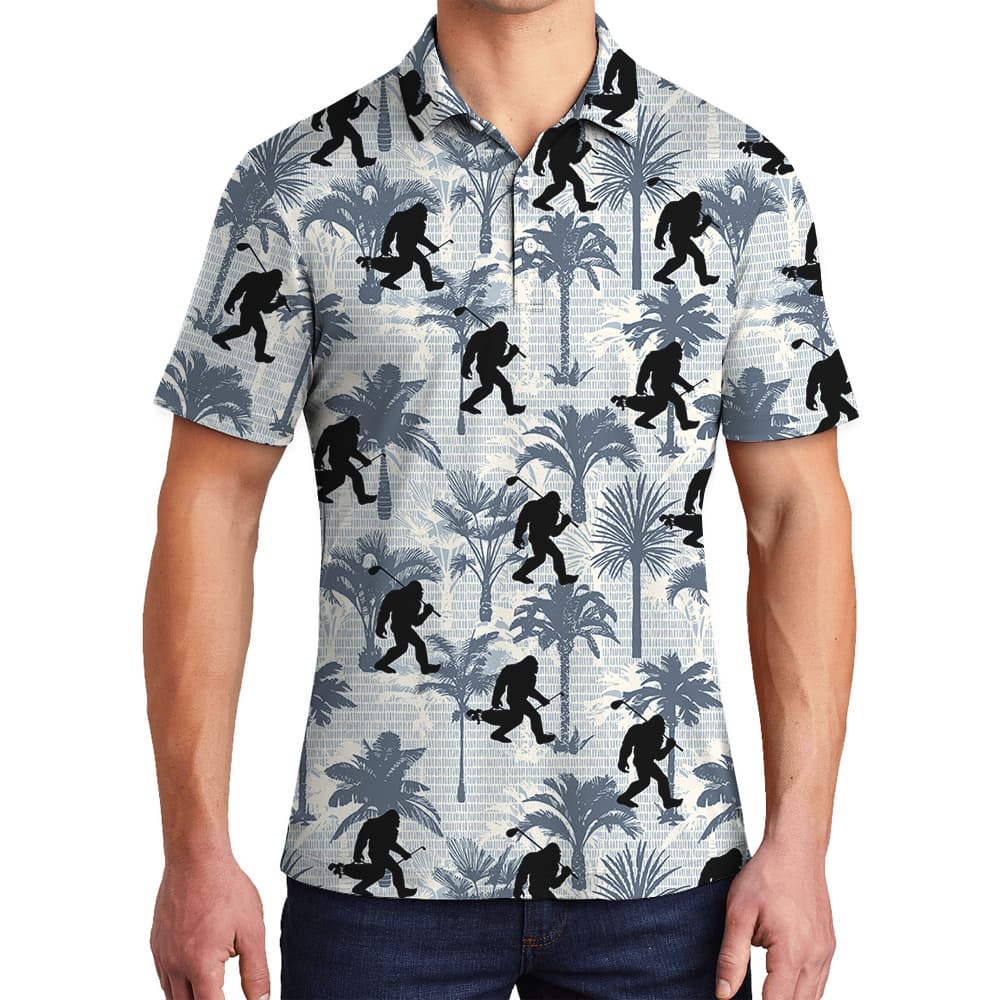 Funny Sasquatch Golf Palm Trees Blue Hawaiian Polo Shirt
