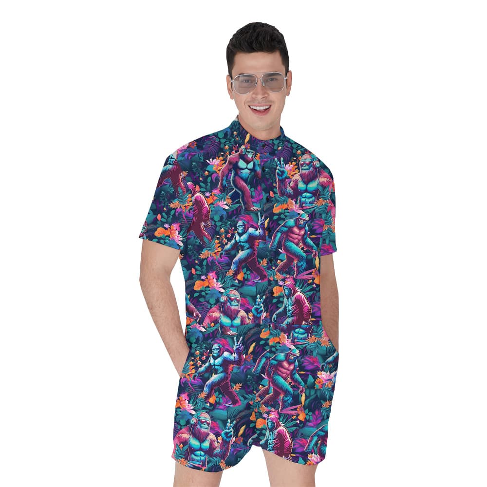 Funny Sasquatch Purple Tropical Men's Hawaiian Romper