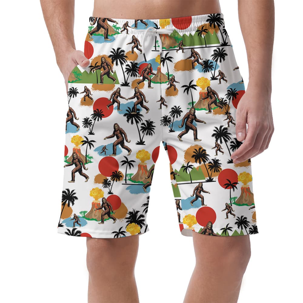 Funny Sasquatch Tropical Volcano Palm Trees Hawaiian Beach Shorts For Men