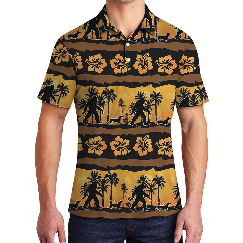 Funny Sasquatch Walking Dog Vintage Palm Tree Hawaiian Polo Shirt