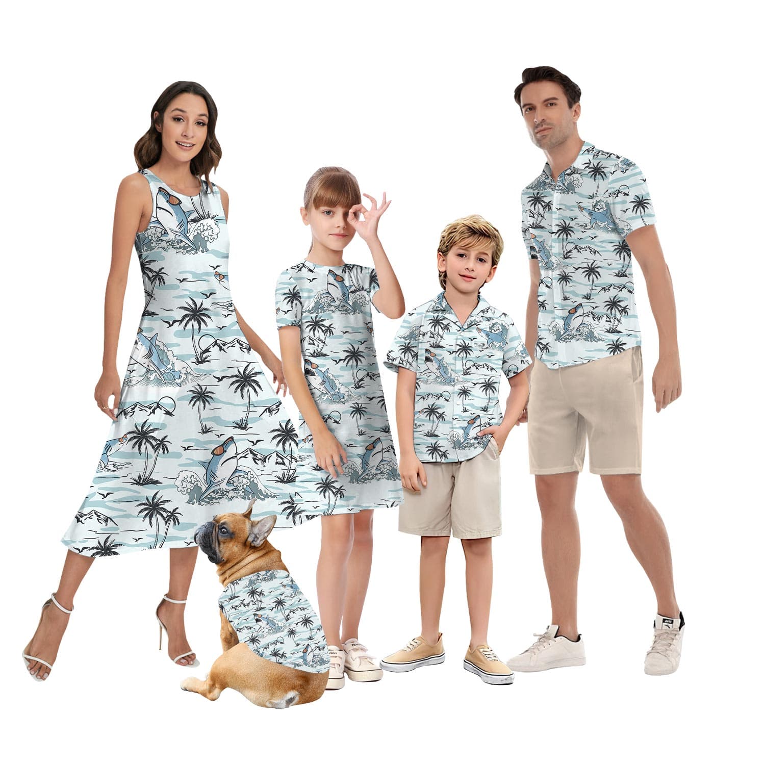 Family matching Hawaiian shirt and dress with the same Shark Hawaiian print