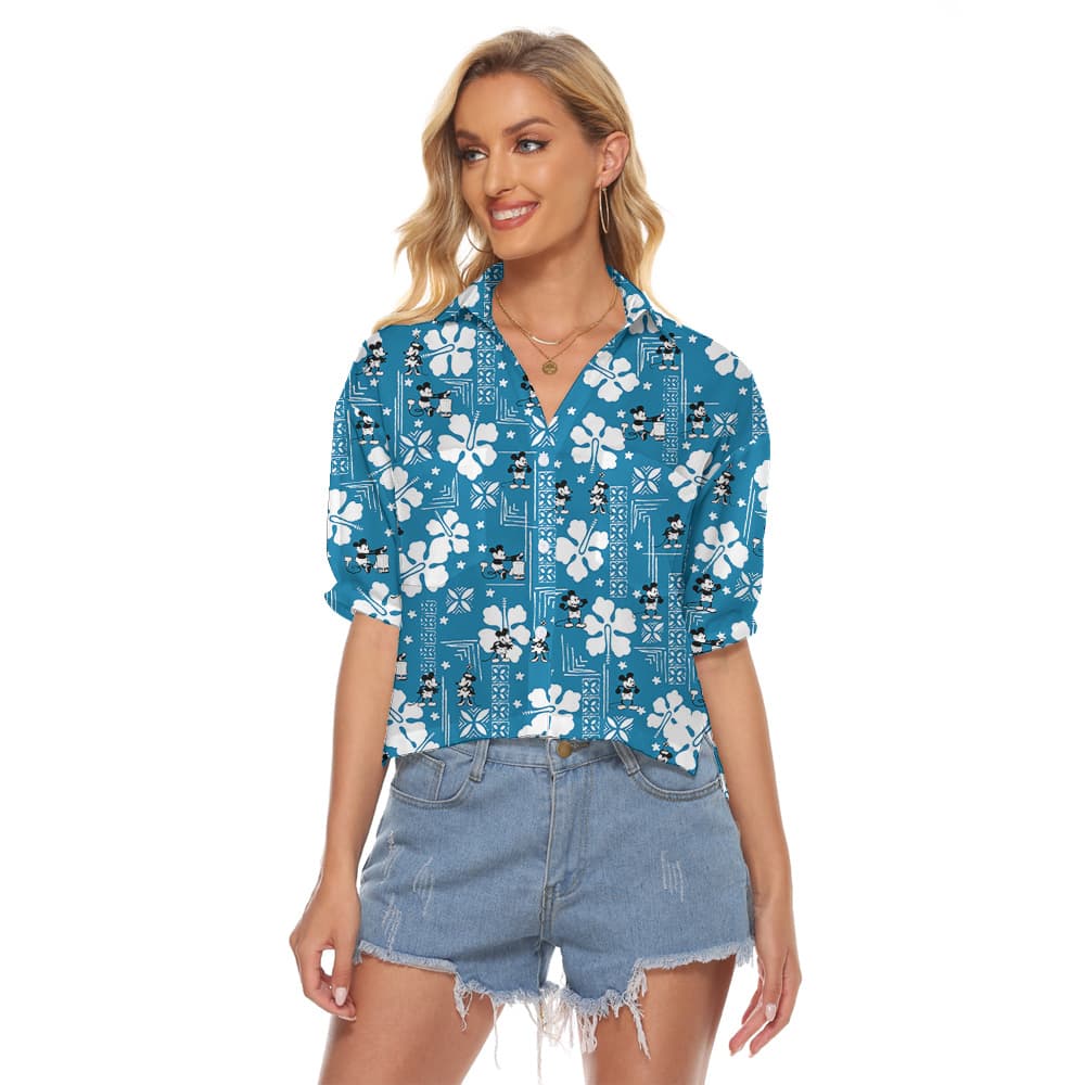 Funny Steamboat Willie Mickey Vintage Hibiscus Blue Women's Cropped Shirt