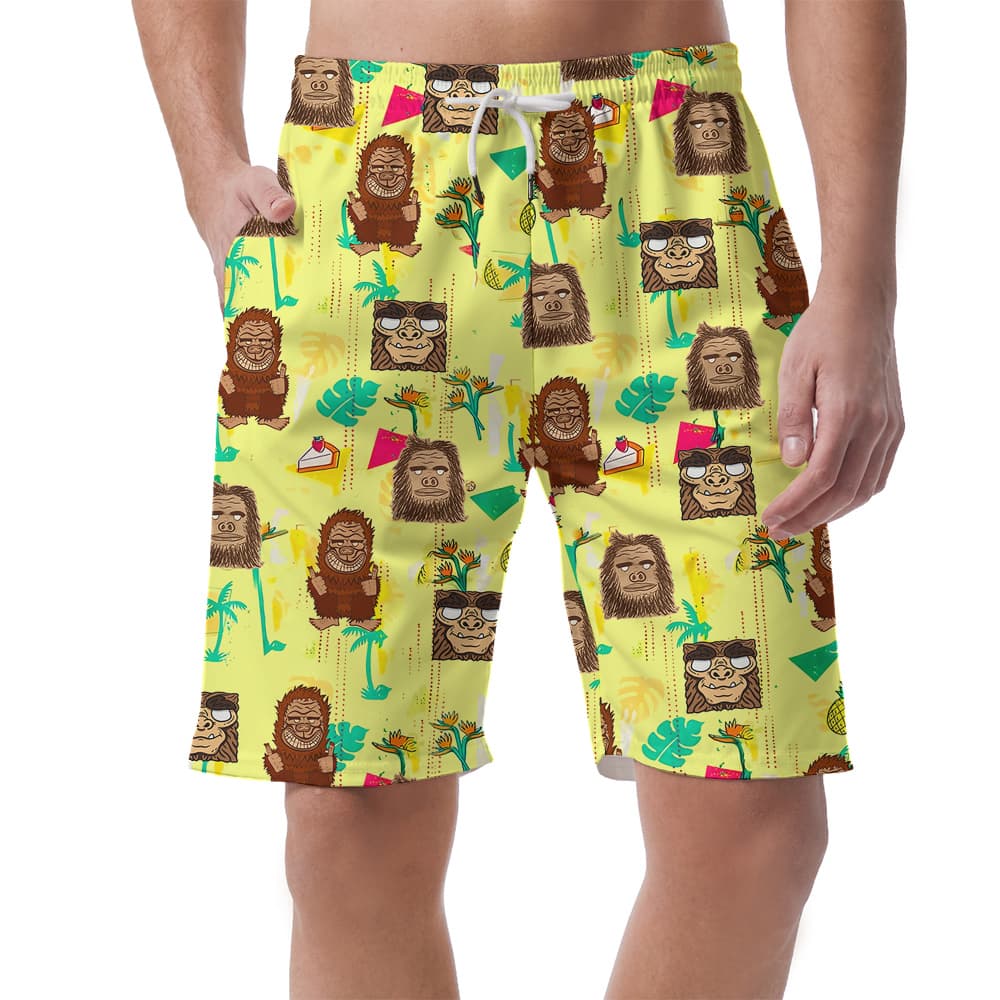 Funny Tiki Bigfoot Yellow Hawaiian Beach Shorts For Men