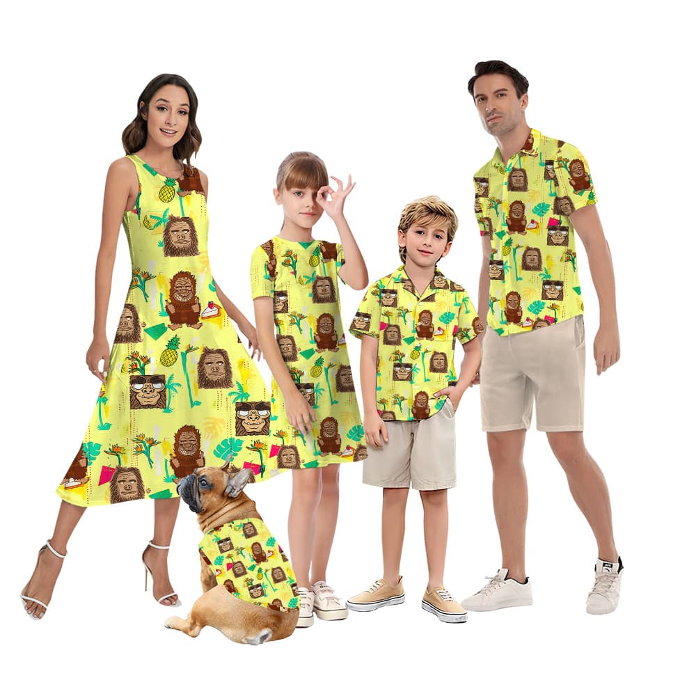 Funny Tiki Bigfoot Yellow Matching Family Hawaiian Outfits For Family