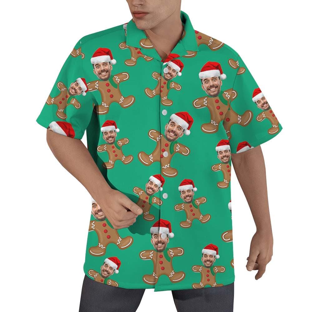 Custom Face Hawaiian Gingerbread Green Men Shirt