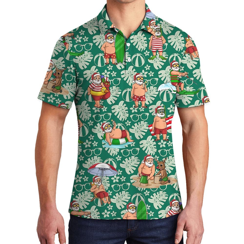 Funny Beach Santa Green Hawaiian Polo Men