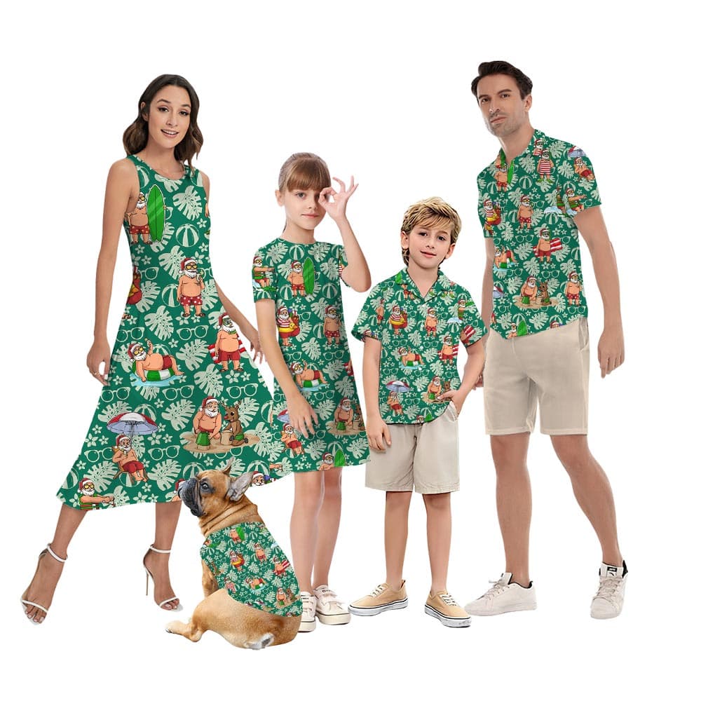 Hawaiian Green Family Matching With Santa Pattern