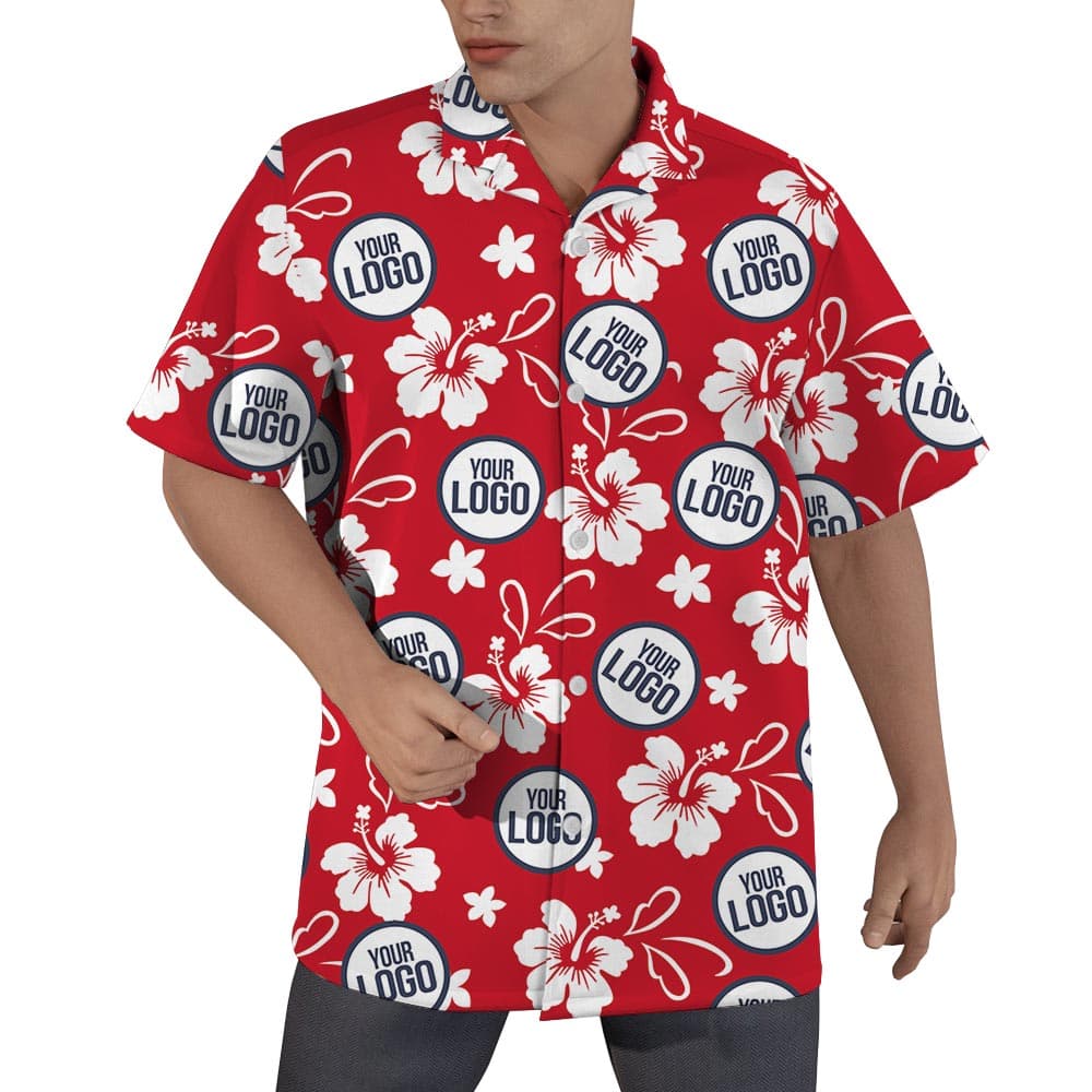 mock up of a Men's custom Hawaiian shirt with red color and hibiscus pattern