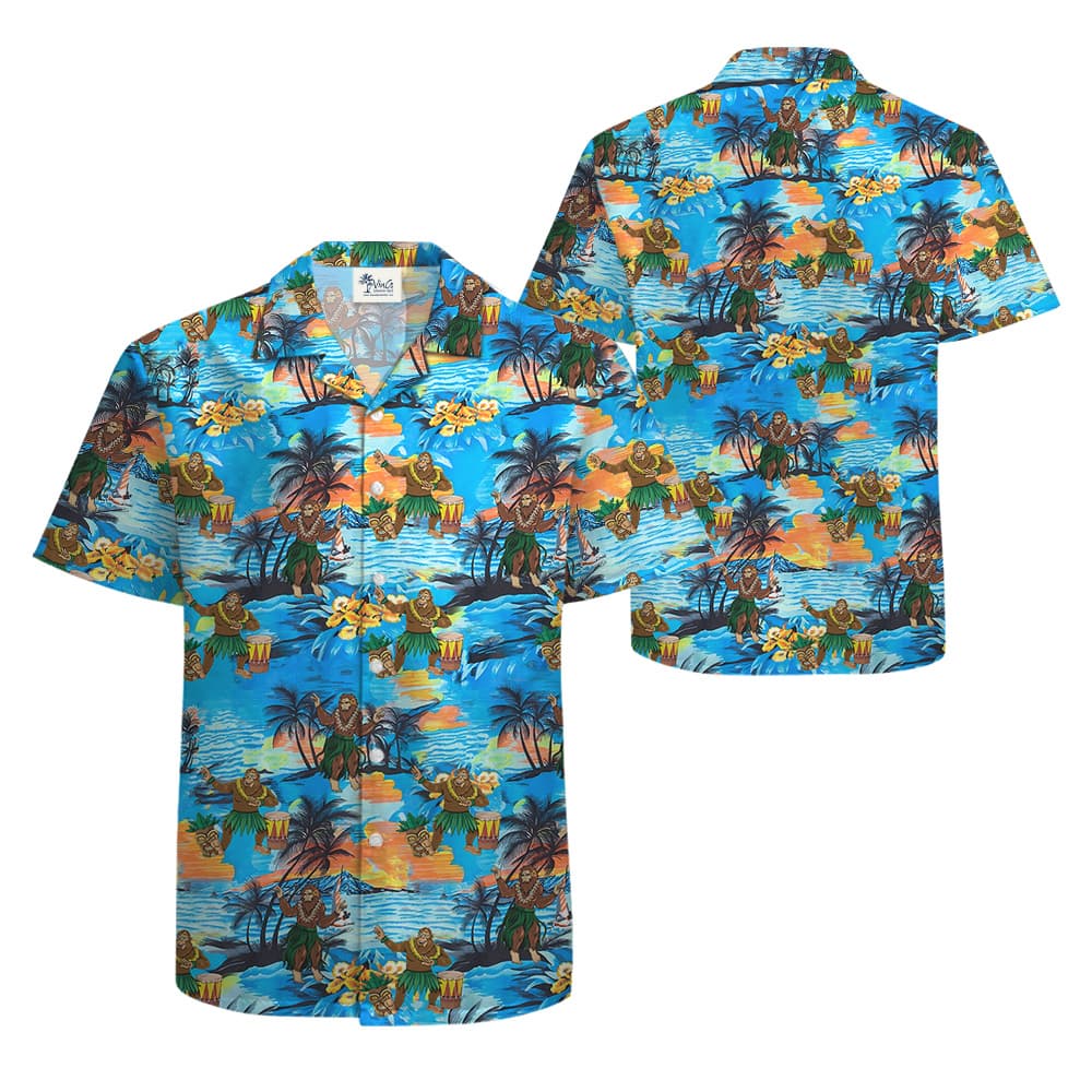 Hula Bigfoot Tropical Islands Blue Hawaiian Shirt