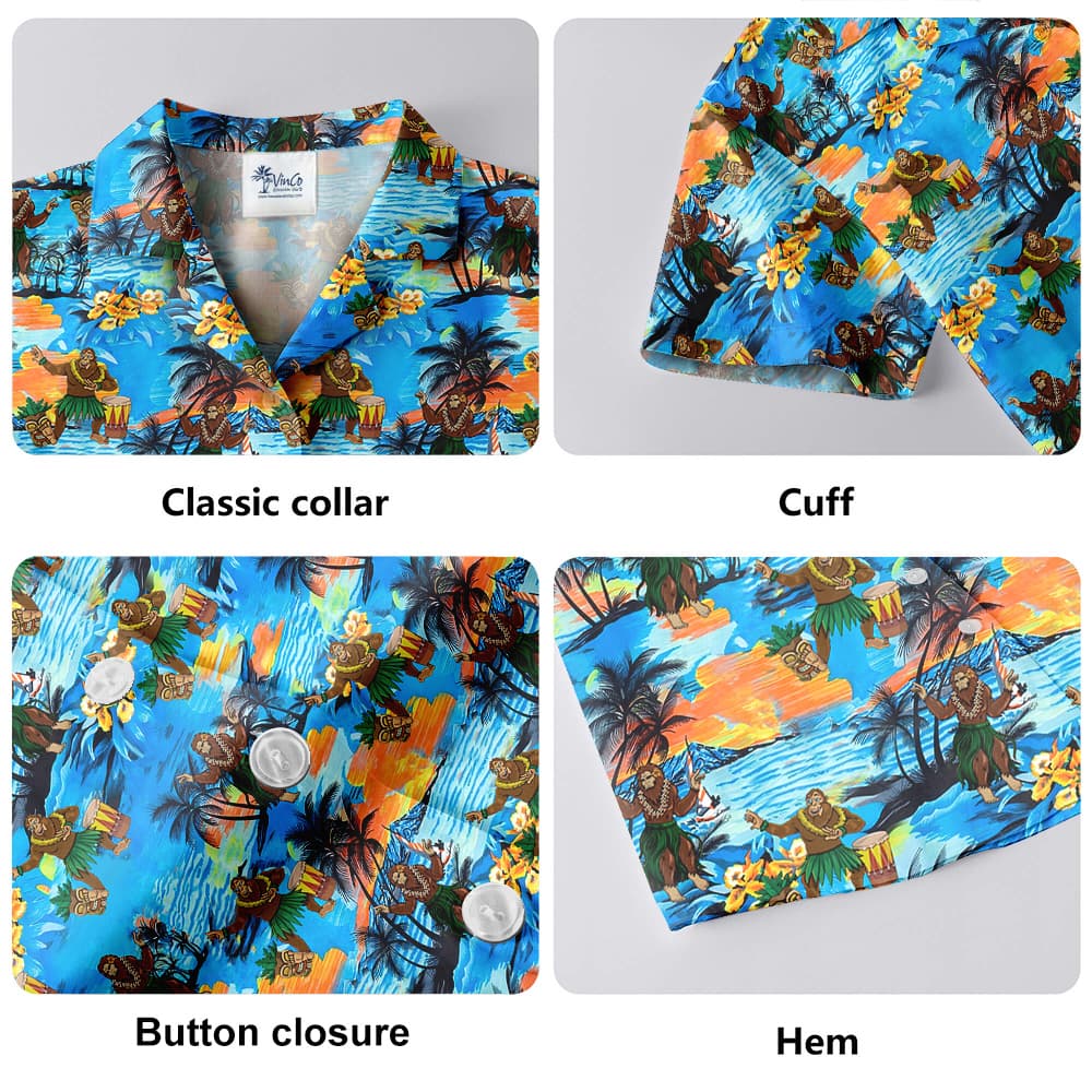 Hula Bigfoot Tropical Islands Blue Hawaiian Shirt
