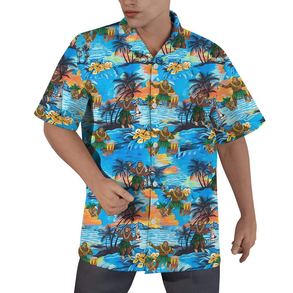 Hula Bigfoot Tropical Islands Blue Hawaiian Shirt (5)