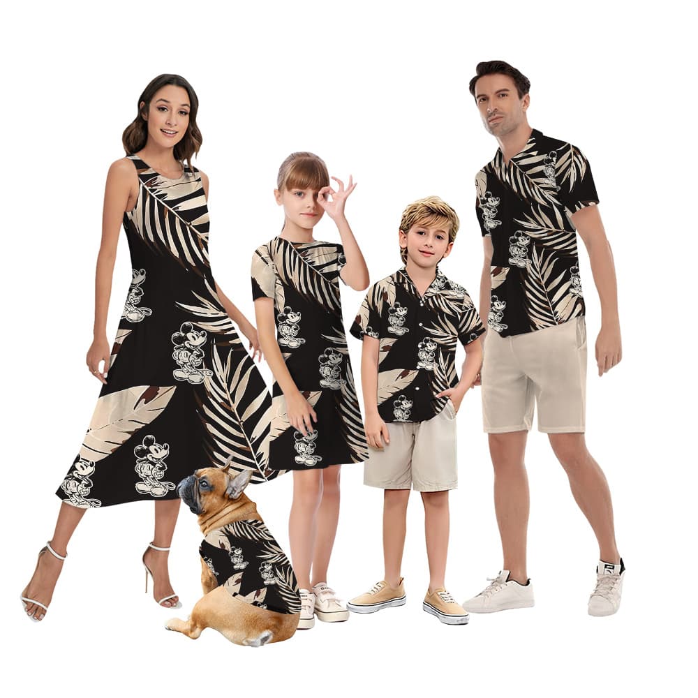 Matching Family Outfits with Mickey and Areca Palm and Bird Leaves Pattern