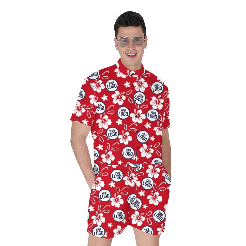 A men's romper with rd theme, hibiscus Hawaiian pattern and custom your logo on it