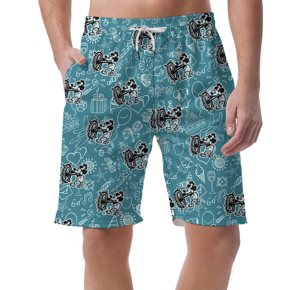 Mickey Mouse Steamboat Willie Blue Hawaiian Button Up Men Short1