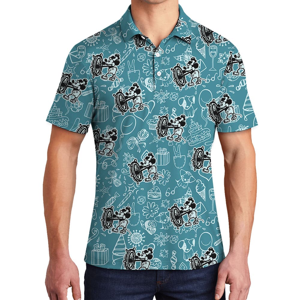 Mickey Mouse Steamboat Willie Blue Hawaiian Button Up Men’s Polo Shirt1
