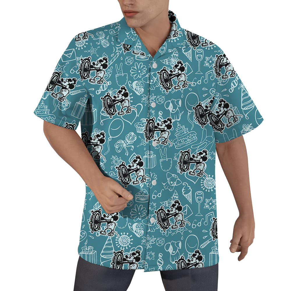 Mickey Mouse Steamboat Willie Blue Hawaiian Button Up Men’s Shirt1
