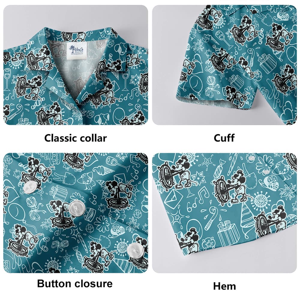 Mickey Mouse Steamboat Willie Blue Hawaiian Button Up Men’s Shirt5