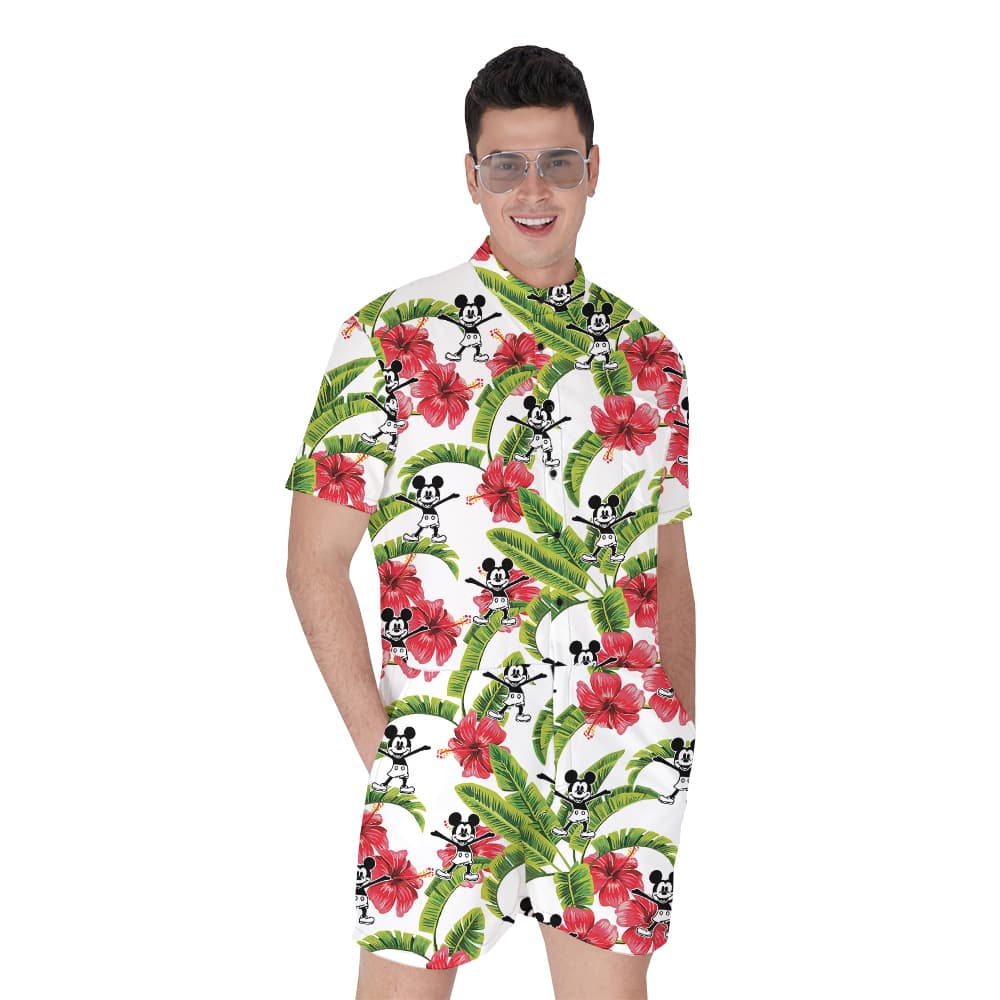 Mickey Mouse Steamboat Willie Movie Tropical Hibiscus Men's Hawaiian Romper