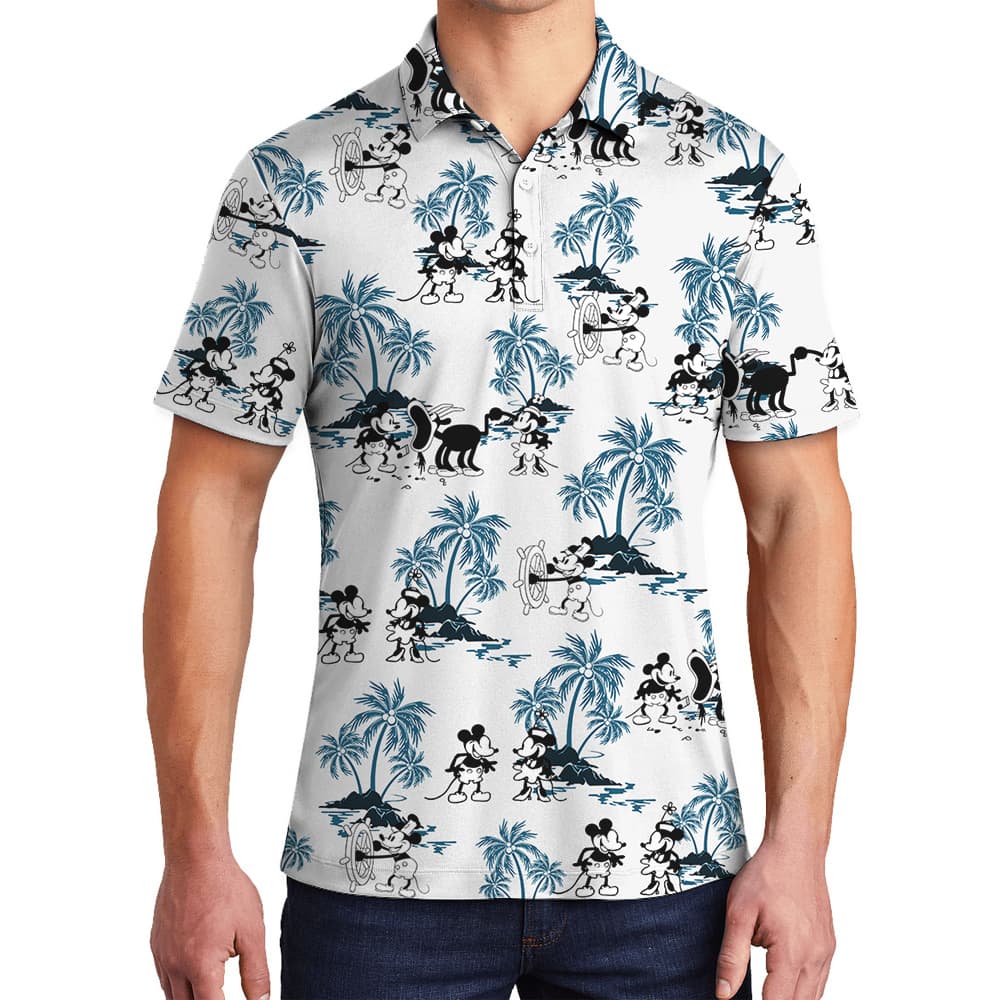 Mickey Steamboat Willie Blue Palm Trees Hawaiian Polo Shirt