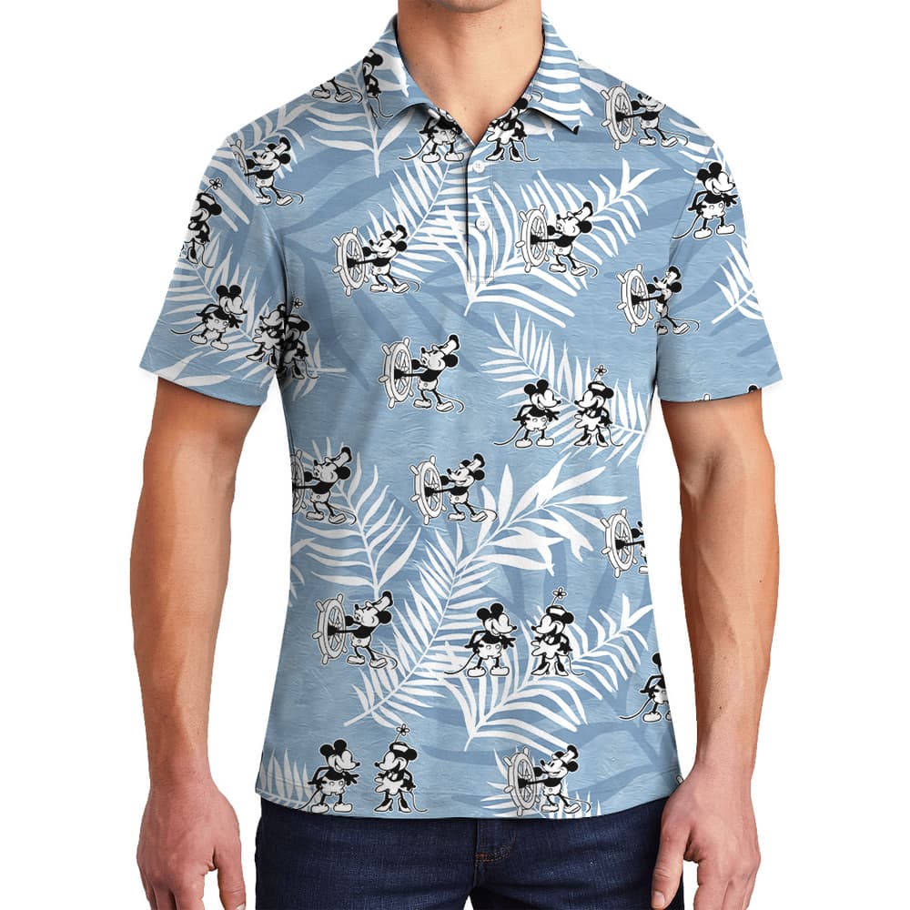 Mickey Steamboat Willie Movie Classic Blue Hawaiian Polo Shirt
