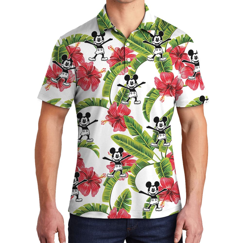 Mickey Steamboat Willie Movie Tropical Hibiscus Men's Hawaiian Polo Shirt