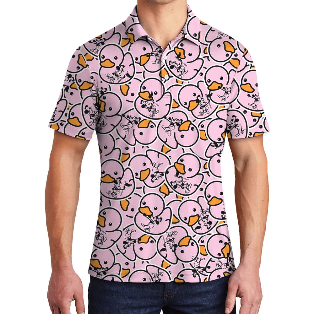 Mickey Steamboat Willie Pink Rubber Duck Hawaiian Men Polo Shirt1