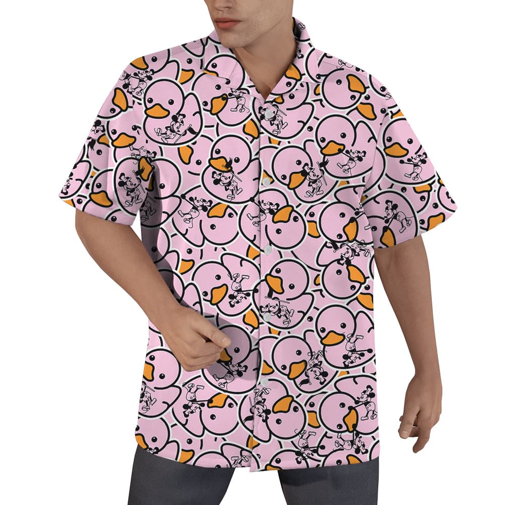 Mickey Steamboat Willie Pink Rubber Duck Hawaiian Men Shirt1
