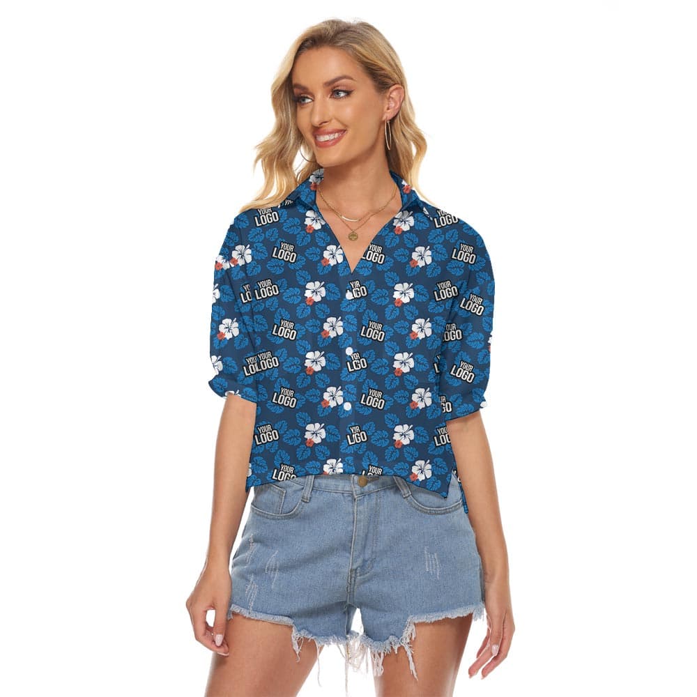 Navy Hibiscus Hawaiian Cropped Shirt For Women With Your Face