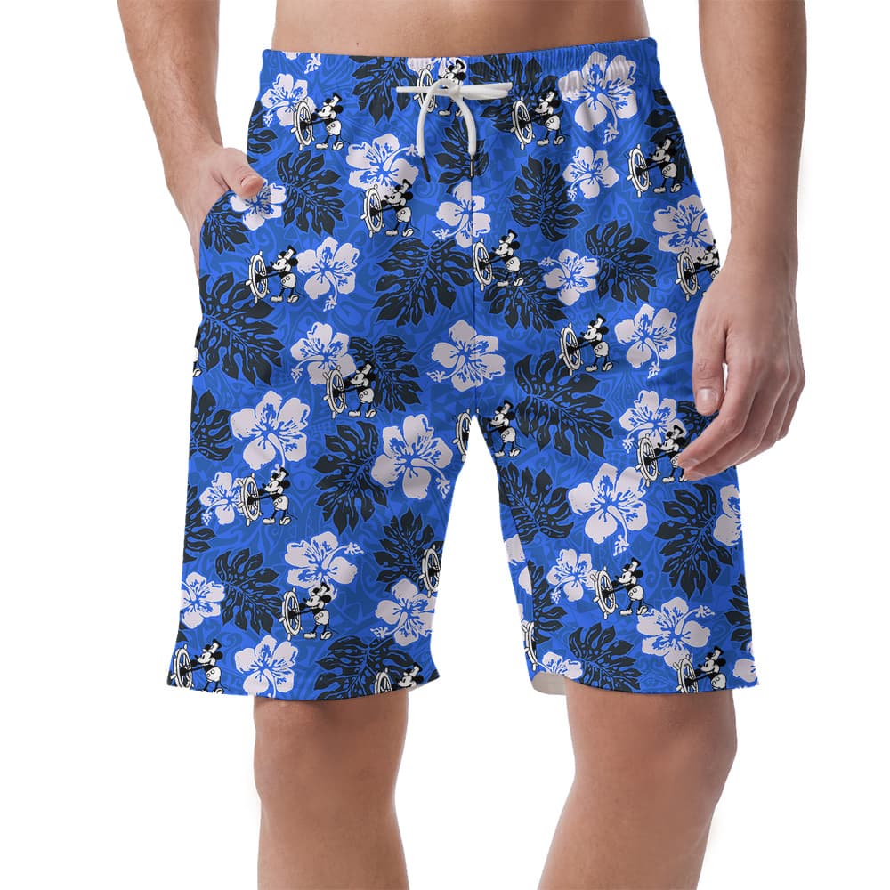 Navy Hibiscus Steamboat Willie Mickey Hawaiian Beach Shorts For Men