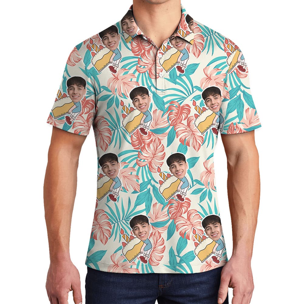 Palm Pattern Custom Birthday Hawaiian Men Polo Shirt with Face1