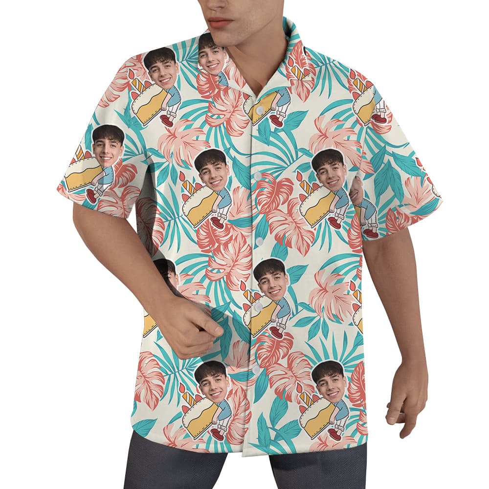 Palm Pattern Custom Birthday Hawaiian Men Shirt with Face1