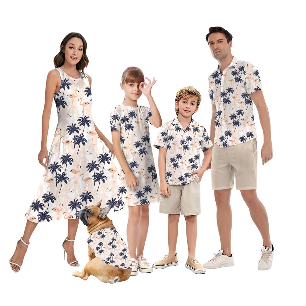 Palm Trees Pink Flamingo Family Matching Hawaiian Outfits