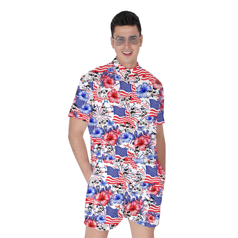 Patriotic Mickey Steamboat Willie American Flag Floral Hawaiian Romper For Men