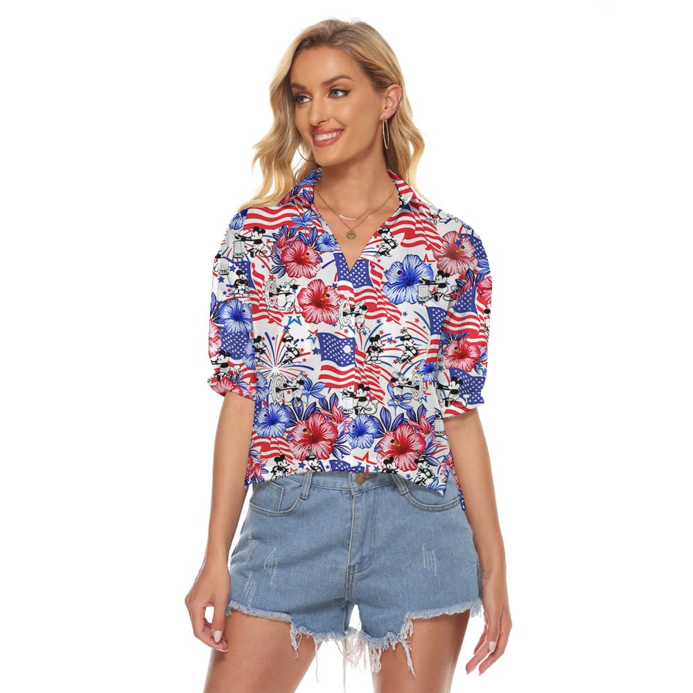 Patriotic Mickey Steamboat Willie American Flag Hawaiian Women's Cropped Shirt