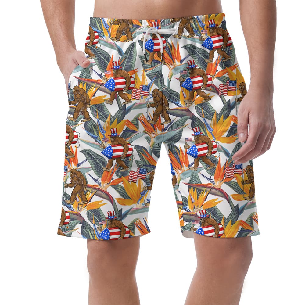Patriotic Sasquatch American Flag Tropical Beach Shorts For Men