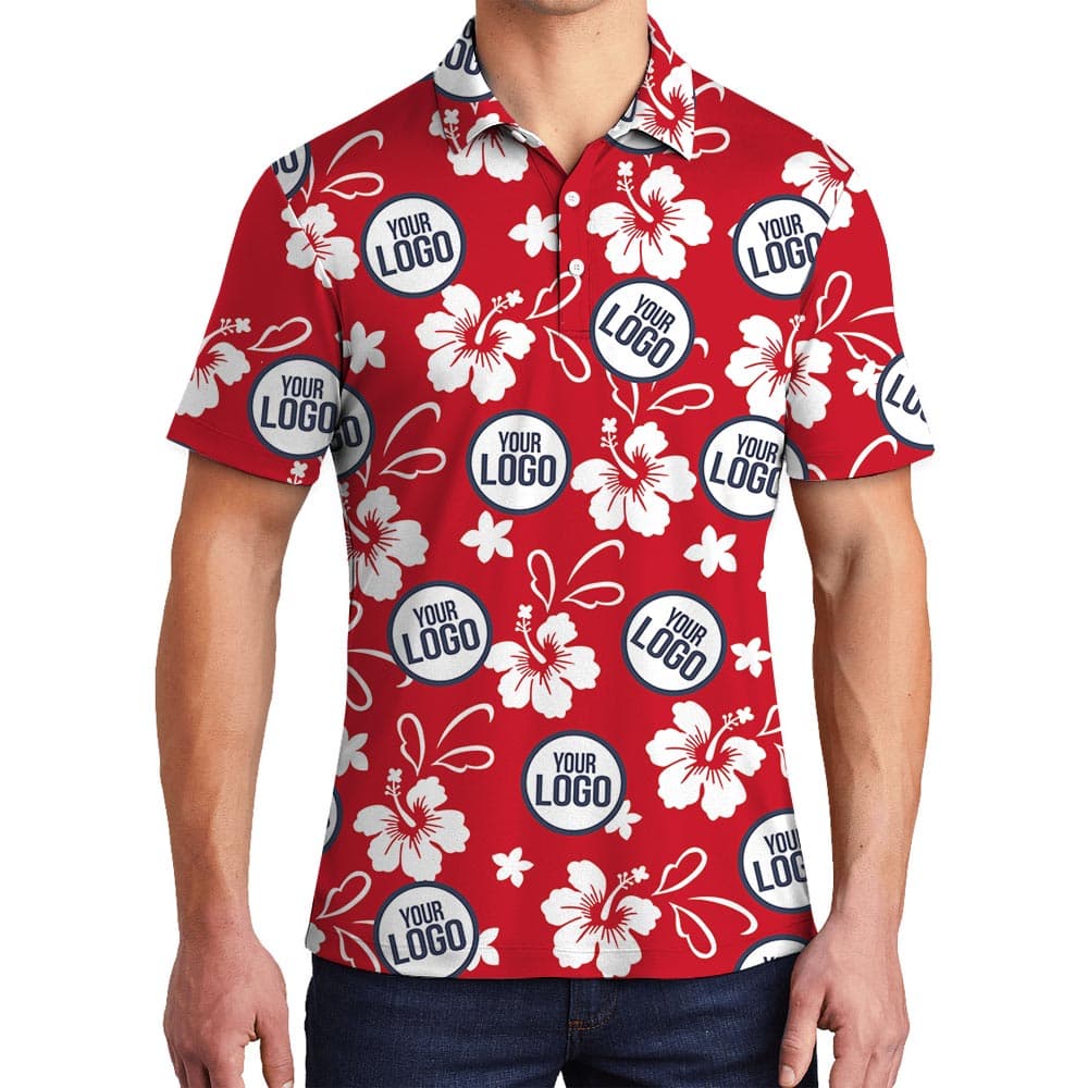 Men's polo shirt with Hawaiian pattern, hibiscus and red theme color, you could custom your logo on the golf polo shirt
