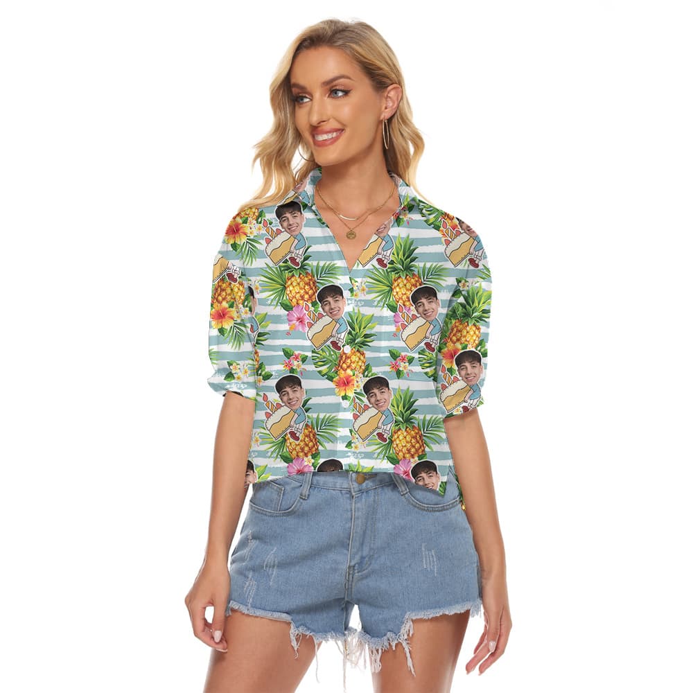 Pineapple Cheers Custom Face for Birthday Hawaiian Women's Cropped Shirt1